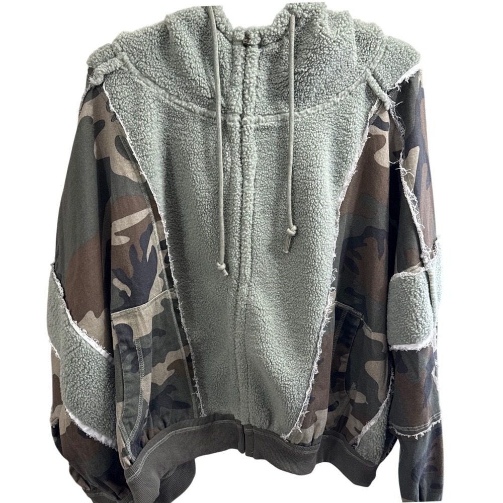 LovLov Coco+Oak Camo Borg Fleece Mixed Media Zip Up Hoodie Green Large NWT
